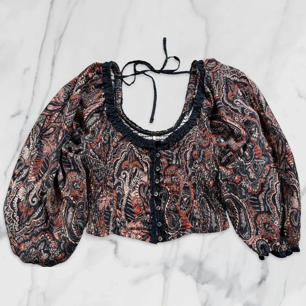 Free People Dare Me Tie Back Velvet Paisley Puff Sleeve Blouse Medium